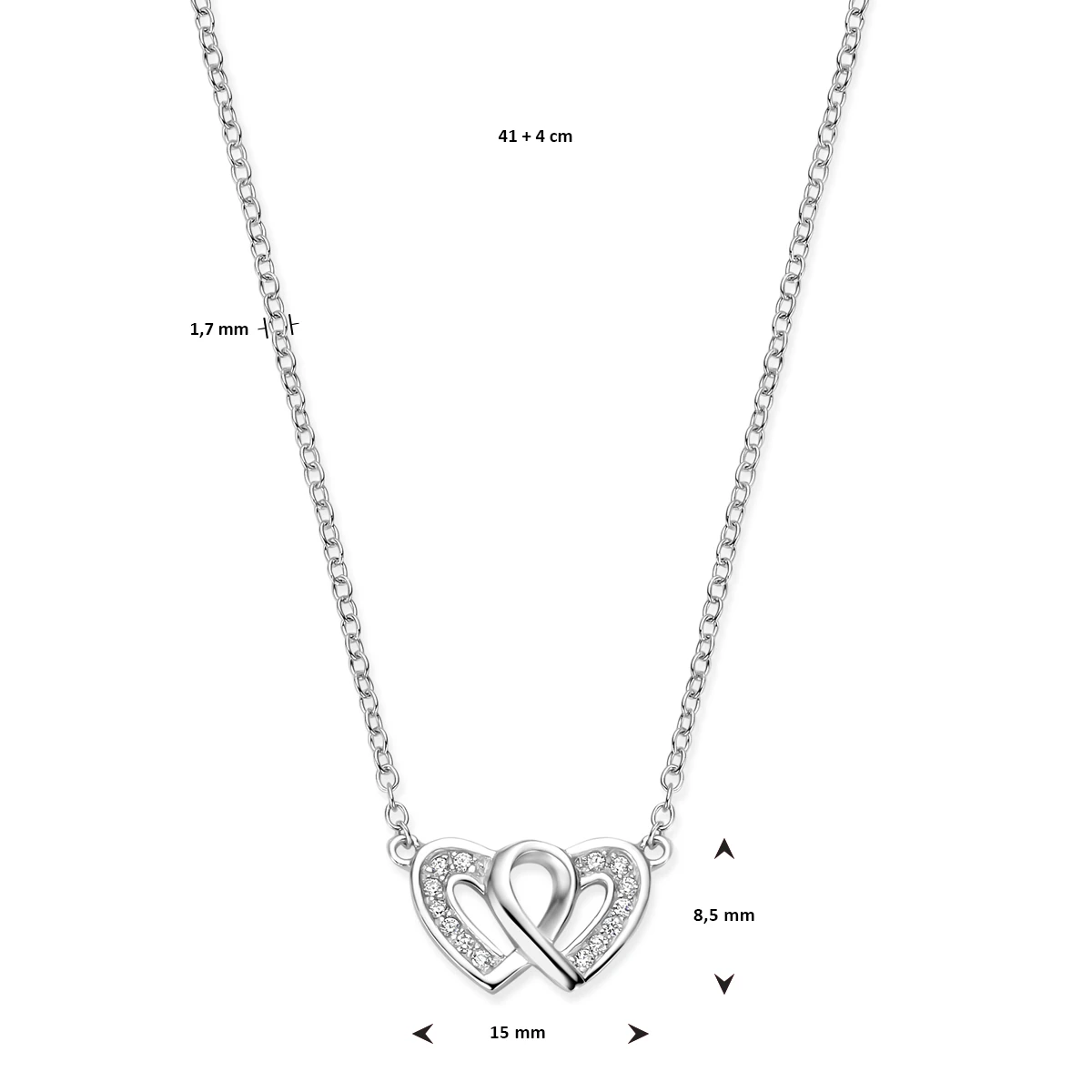 collier hartjes zirkonia 41 + 4 cm zilver gerhodineerd