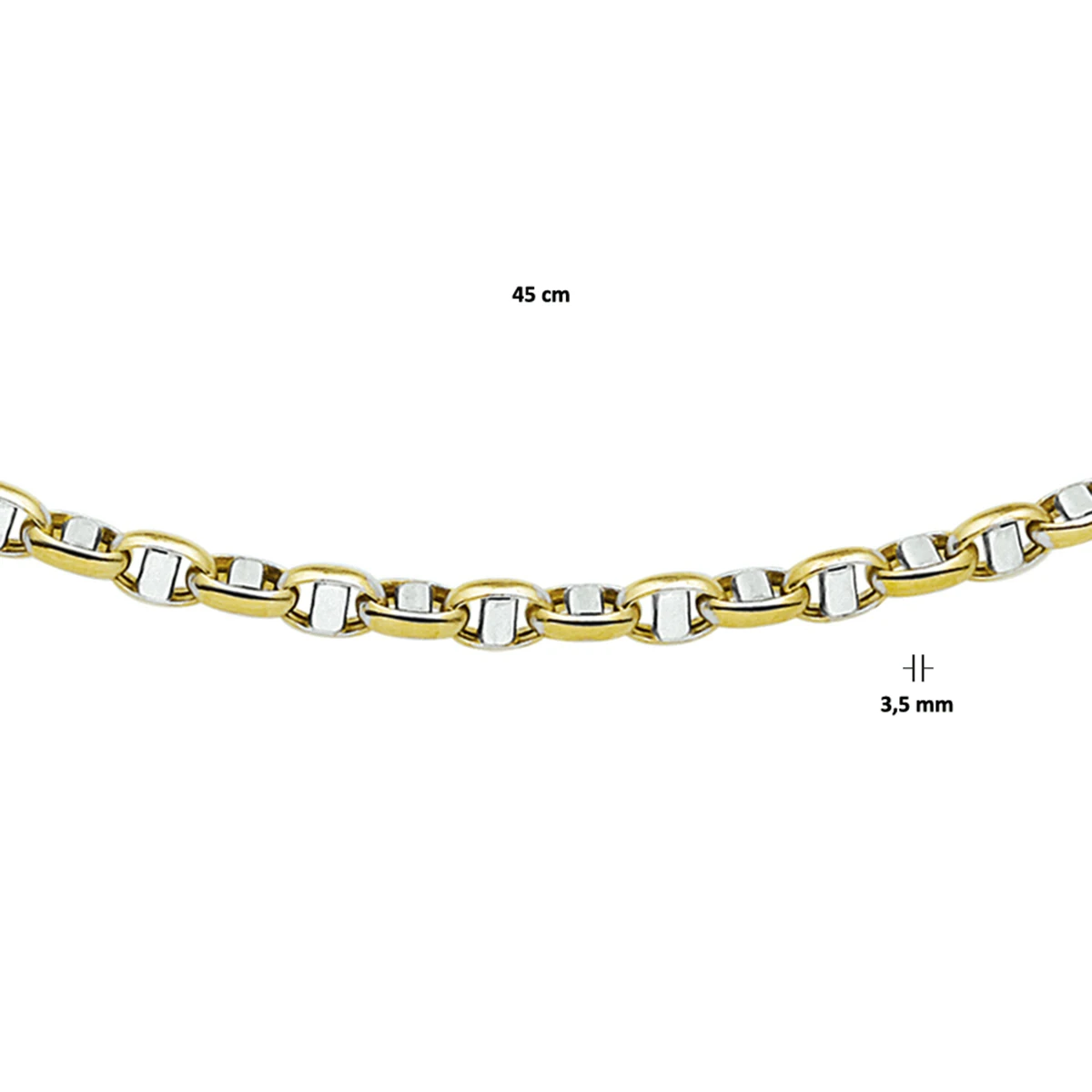 collier jasseron ovaal met balkje 3,5 mm 45 cm 14K bicolor goud geel/wit