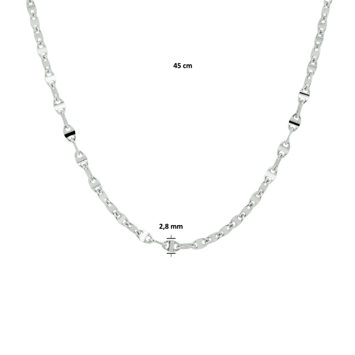 collier koffieboon 2.8 mm 45 cm zilver gerhodineerd
