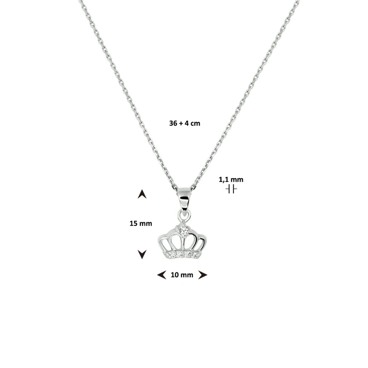 collier kroon zirkonia 36 + 4 cm zilver gerhodineerd