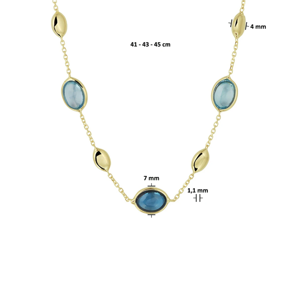 collier london blue en blauw topaas 7 mm 41 - 43 - 45 cm 14K geelgoud