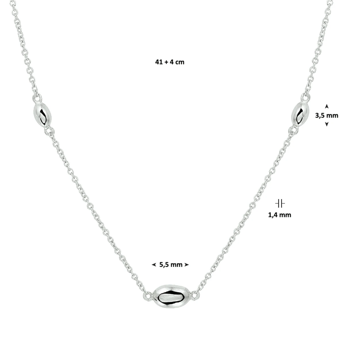 collier ovaaltjes 42 + 3 cm zilver gerhodineerd