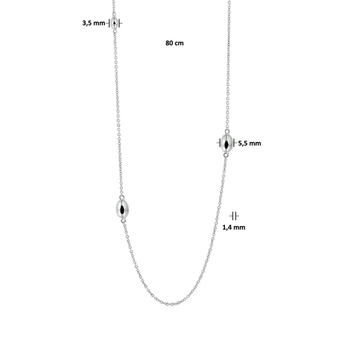 collier ovaaltjes 80 cm zilver gerhodineerd