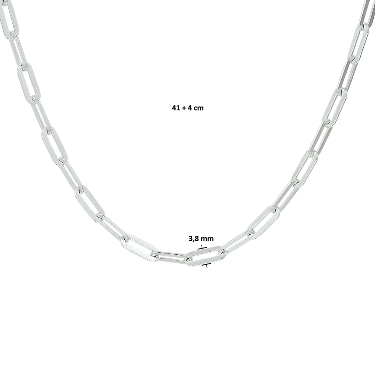 collier paperclip platte buis 3,8 mm 41 + 4 cm zilver gerhodineerd