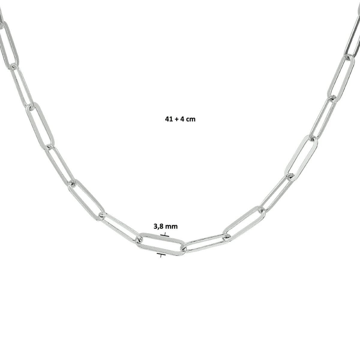 collier paperclip platte buis 3,8 mm 41 + 4 cm zilver gerhodineerd