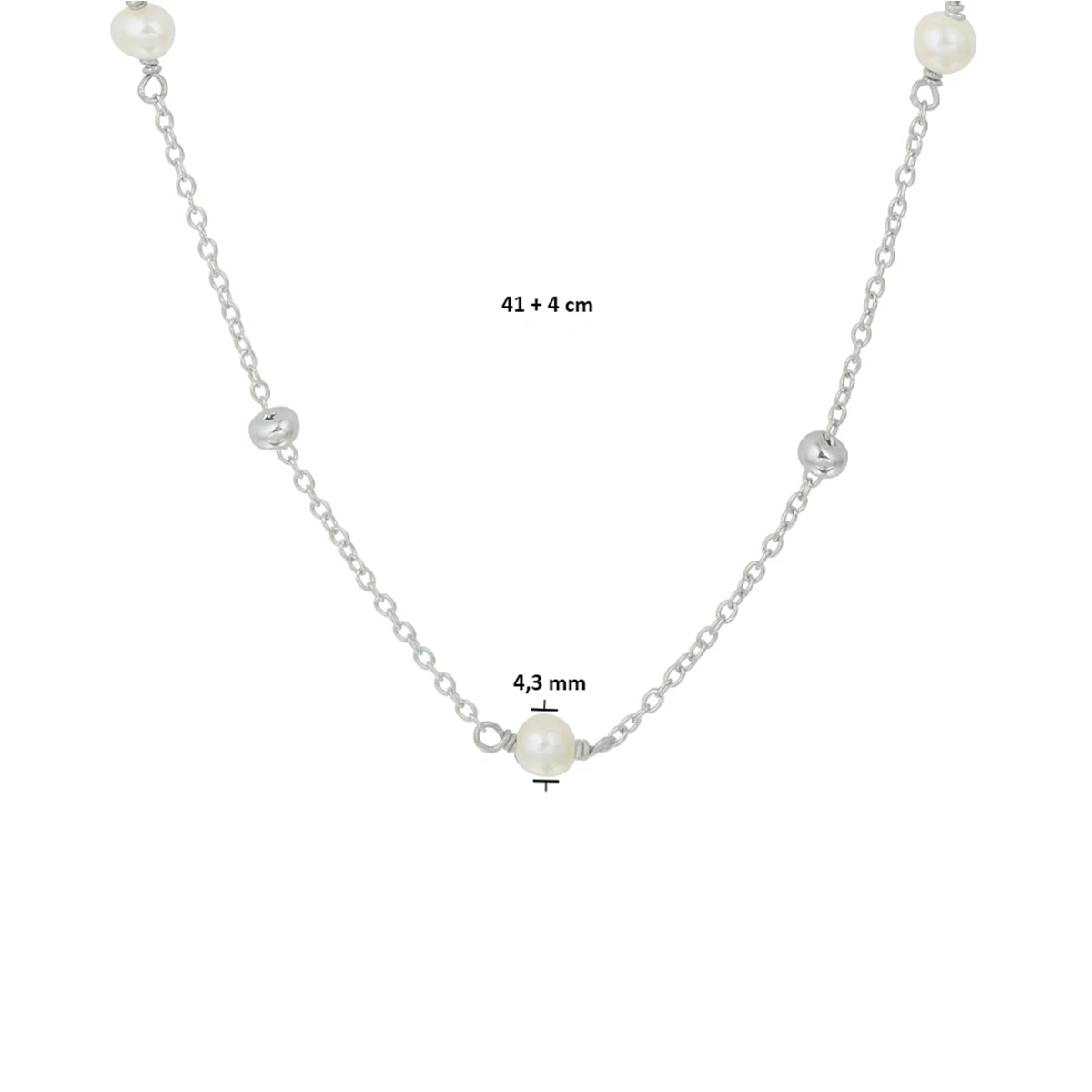collier parel 41 + 4 cm zilver gerhodineerd