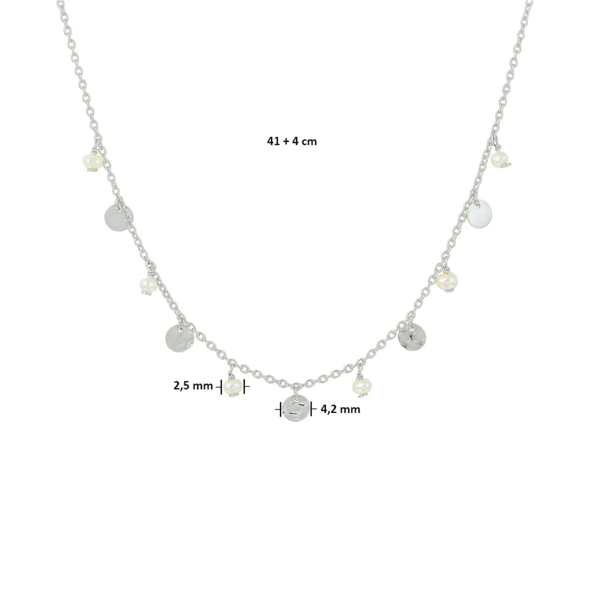 collier parel 41 + 4 cm zilver gerhodineerd