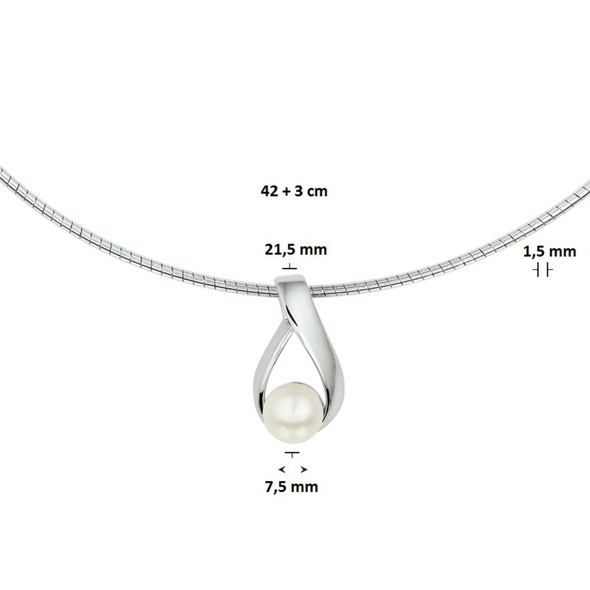 collier parel 42 + 3 cm zilver gerhodineerd