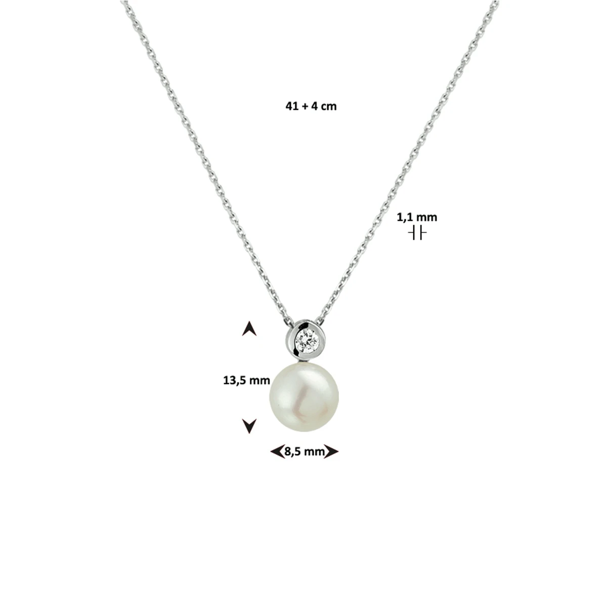 collier parel en zirkonia 41 + 4 cm zilver gerhodineerd