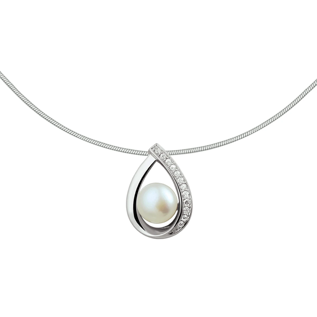 collier parel en zirkonia  42 + 3 cm zilver gerhodineerd