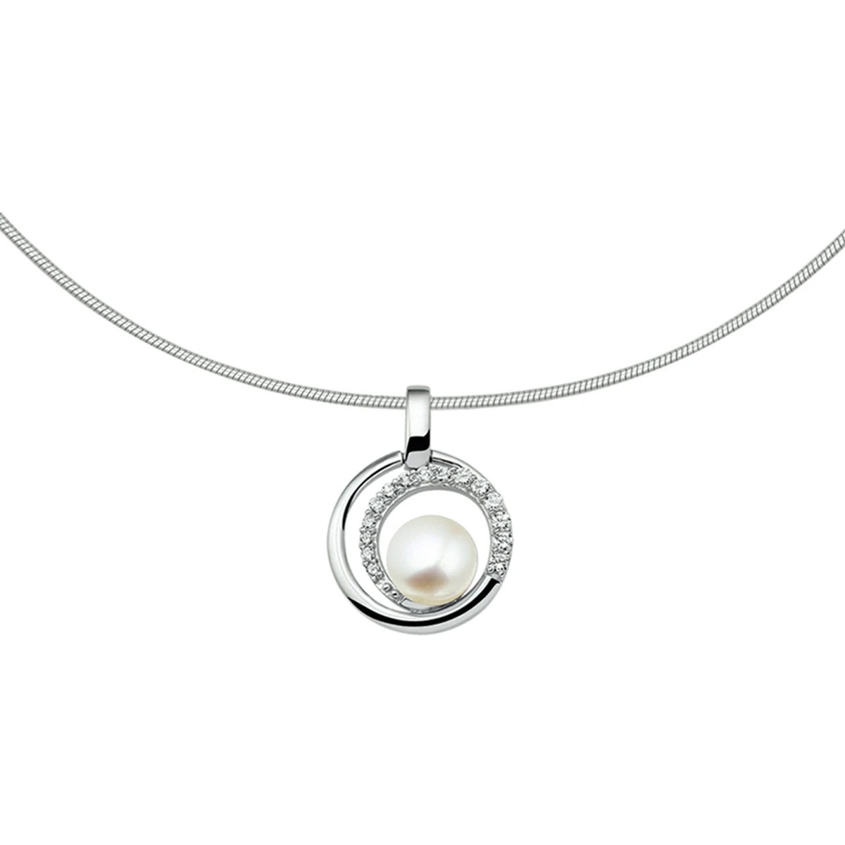 collier parel en zirkonia 42 + 3 cm zilver gerhodineerd