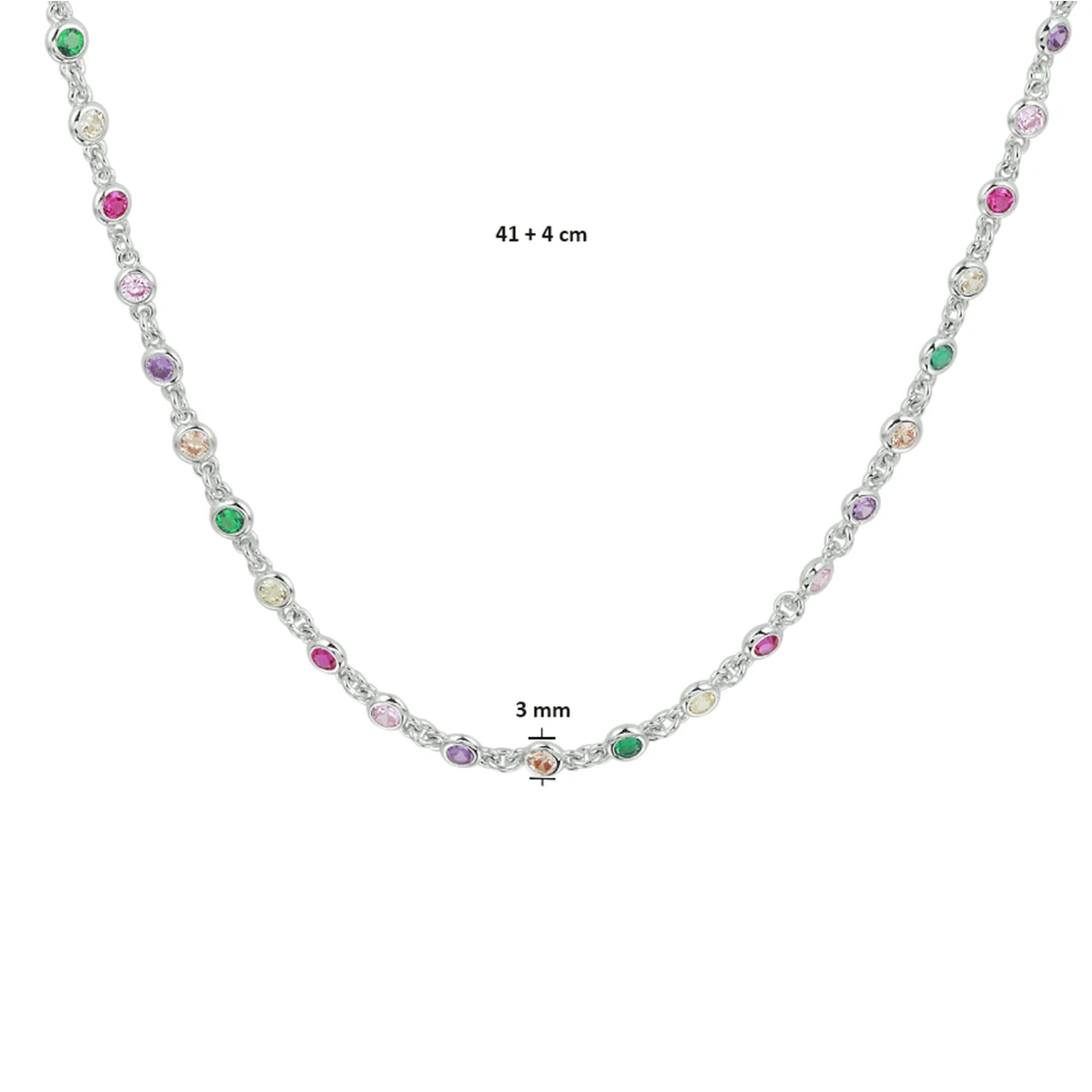 collier regenboog zirkonia 41 + 4 cm zilver gerhodineerd