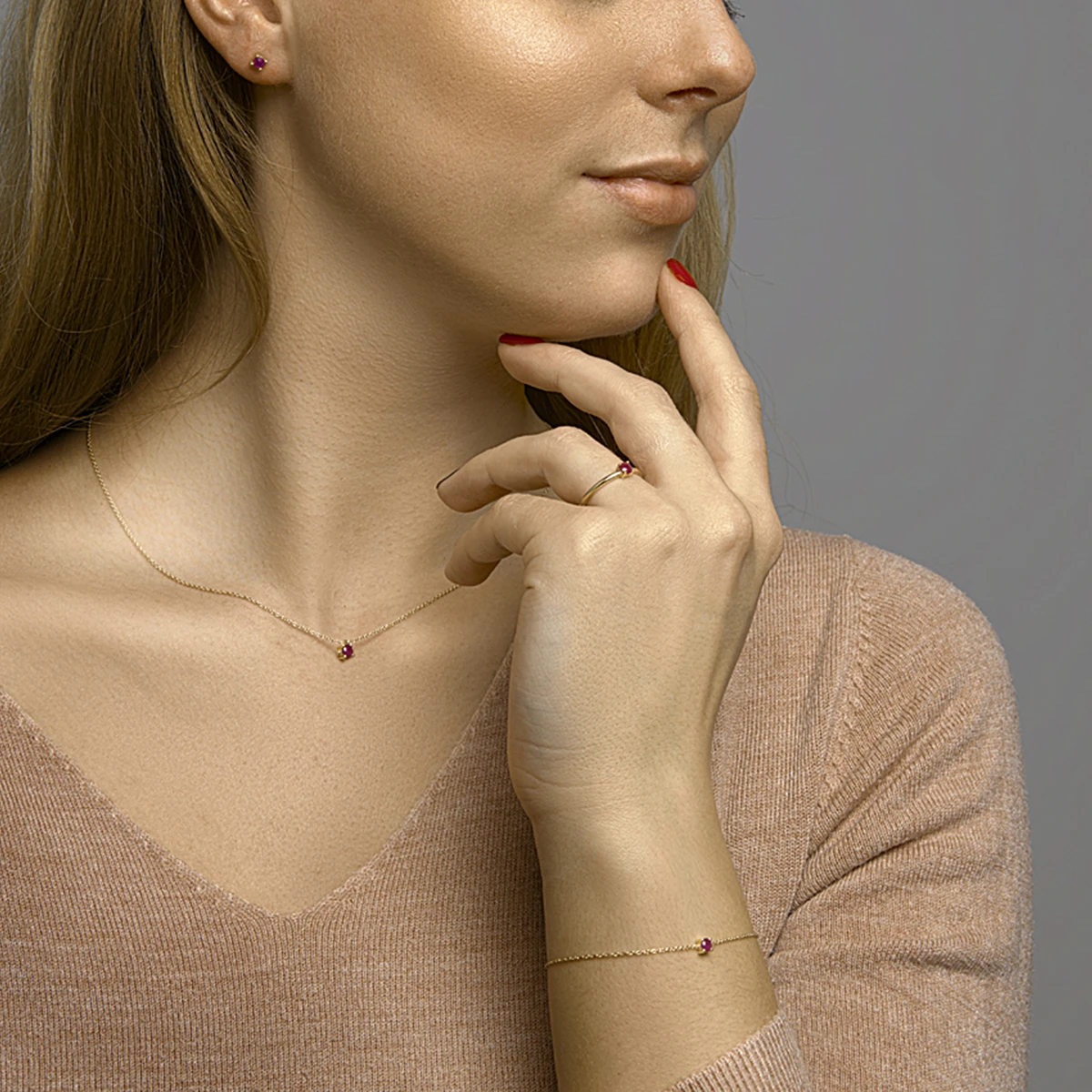 collier robijn 40 - 42 - 44 cm 14K geelgoud