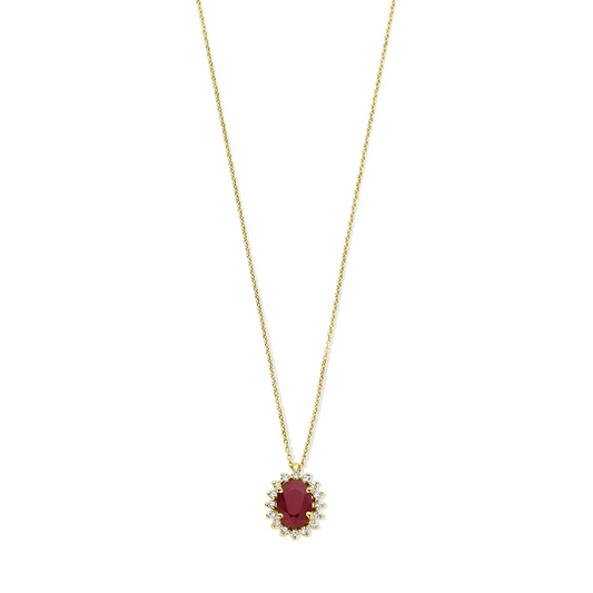 collier robijn en diamant 0.12ct h si 41 - 43 - 45 cm halo 14K geelgoud