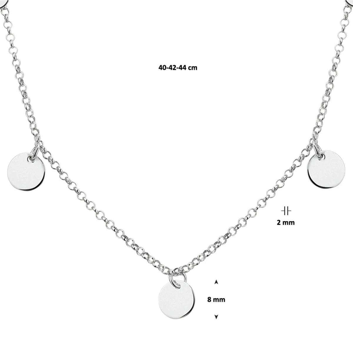 collier rondjes 40 - 42 - 44 cm zilver gerhodineerd