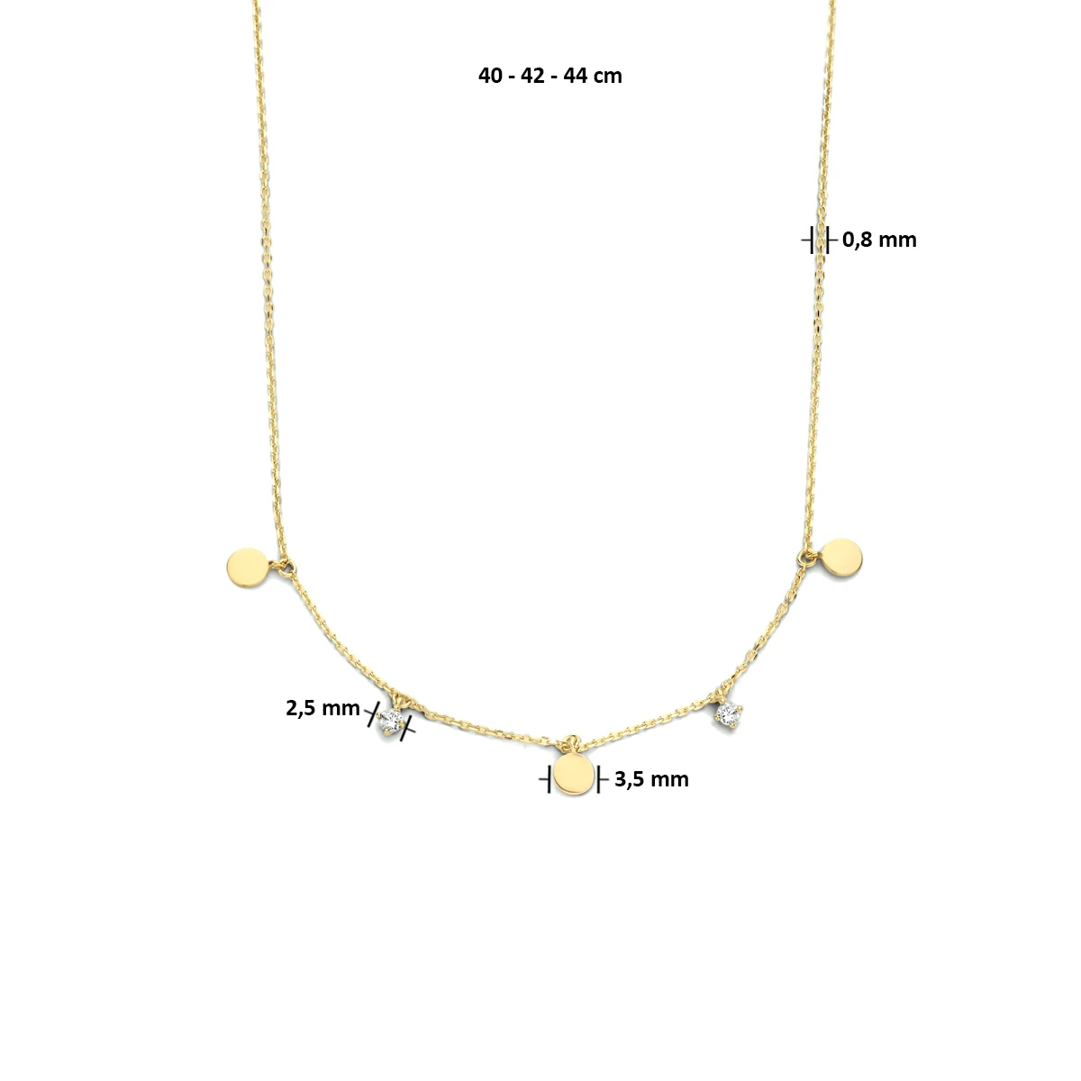 collier rondjes zirkonia 40 - 42 - 44 cm 14K geelgoud