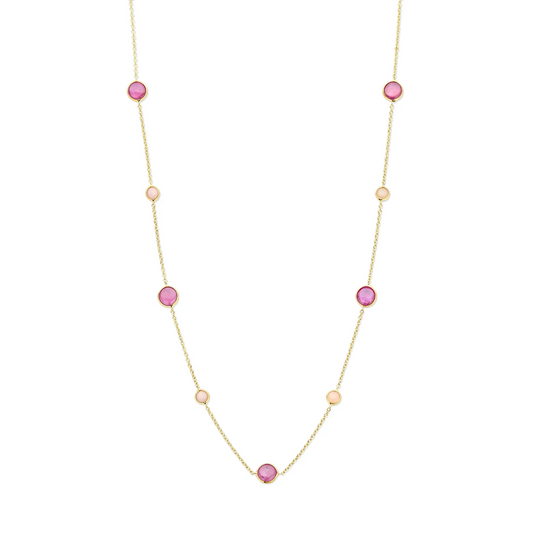 collier roze robijn en roze opaal 42 - 45 cm 14K geelgoud