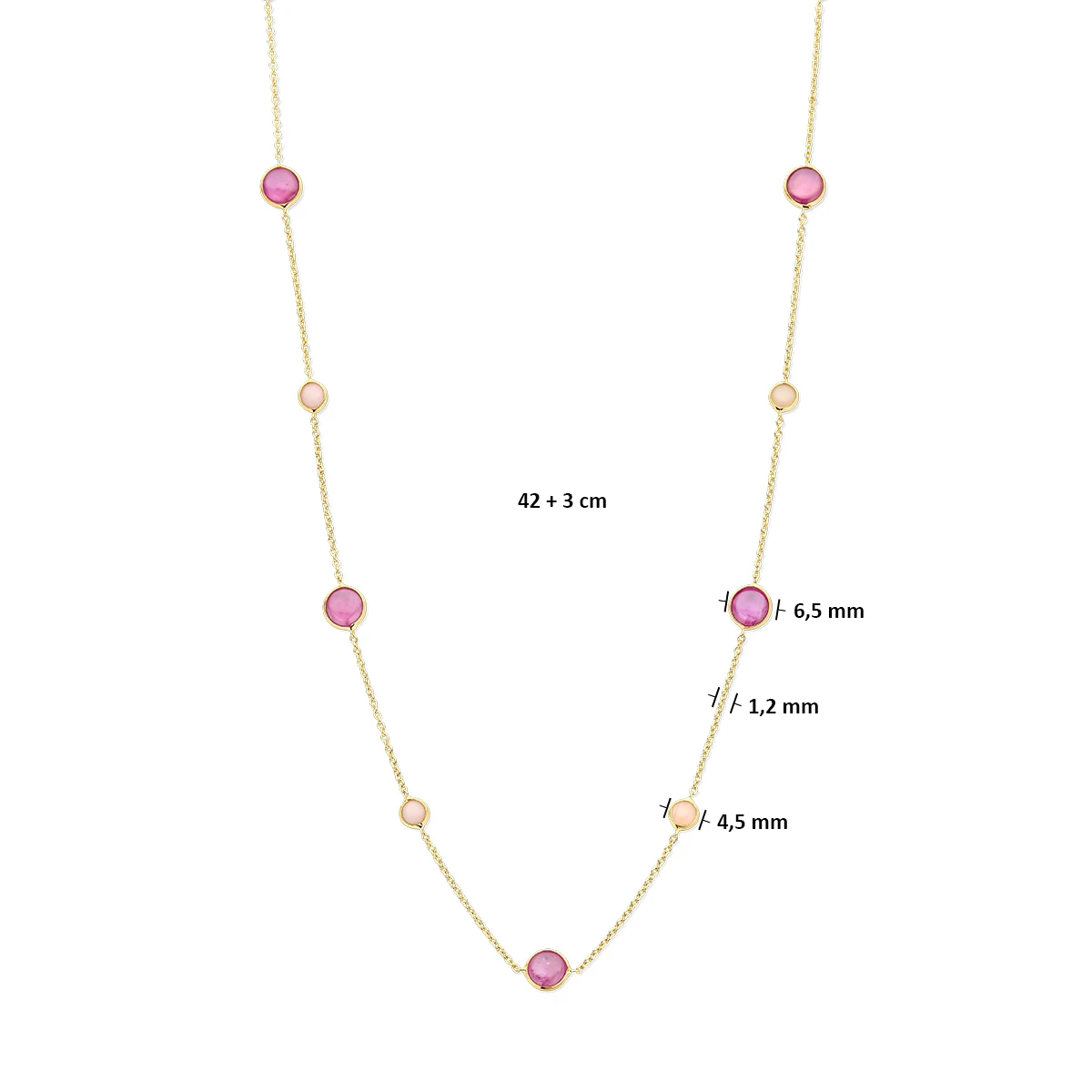 collier roze robijn en roze opaal 42 - 45 cm 14K geelgoud