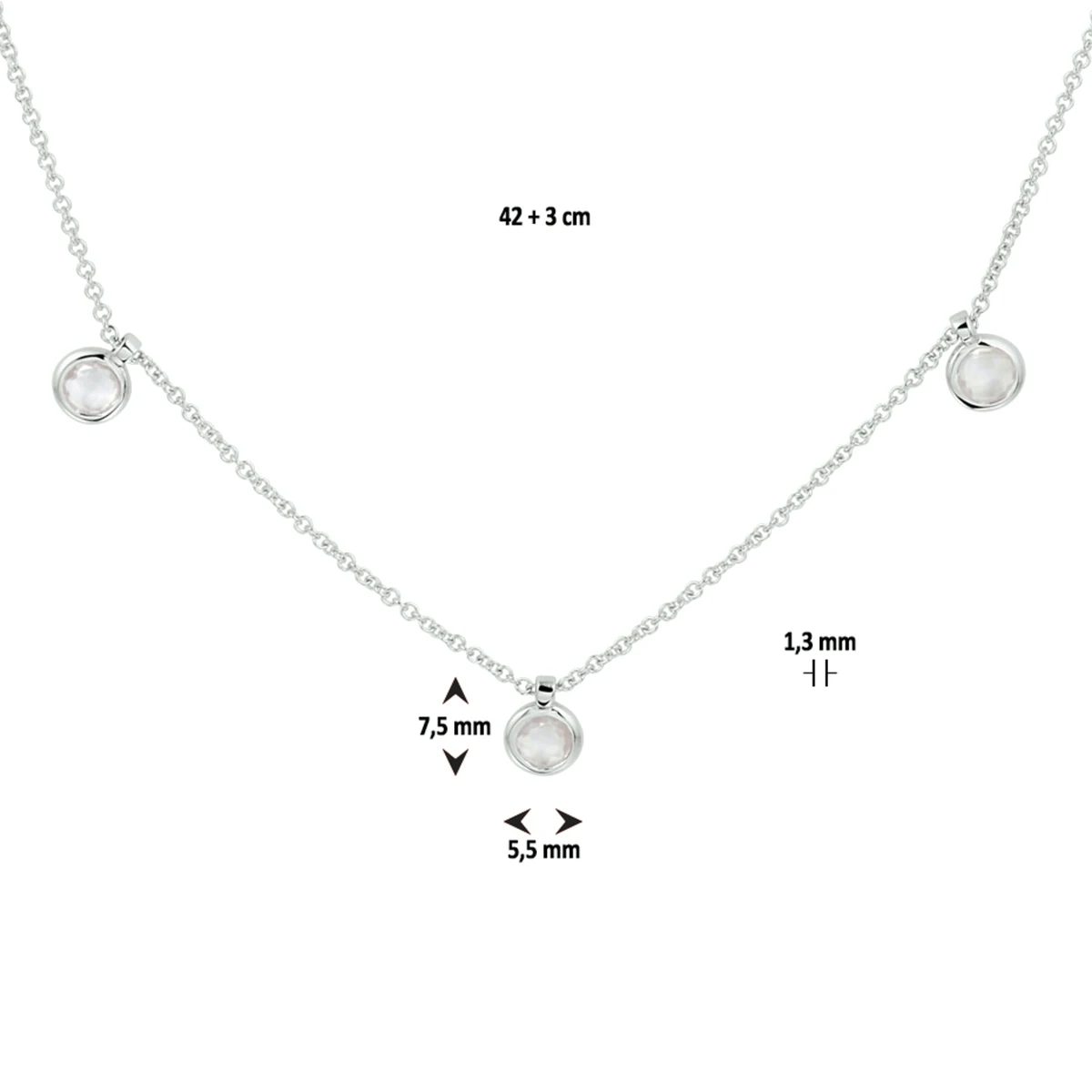 collier rozenkwarts 42 + 3 cm zilver gerhodineerd