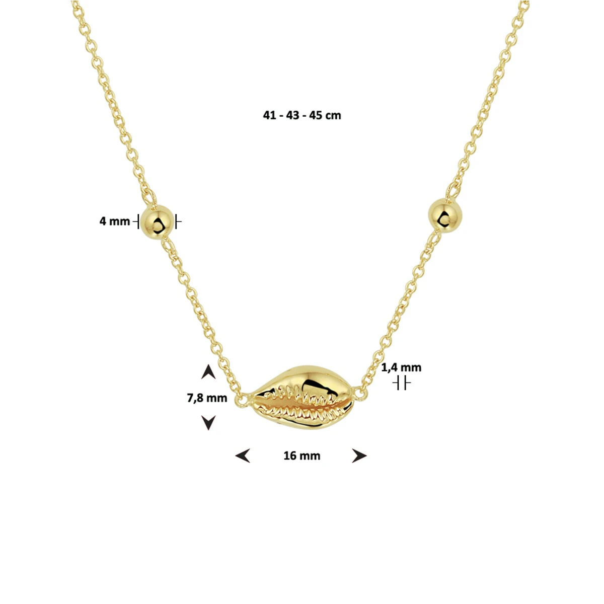 collier schelp 41 - 43 - 45 cm zilver verguld (geel)