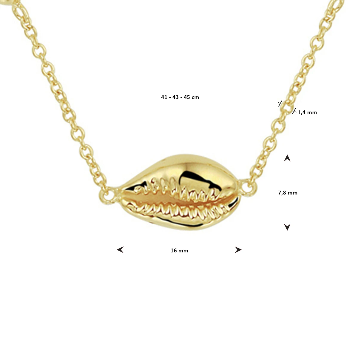 collier schelp 41 - 43 - 45 cm zilver verguld (geel)