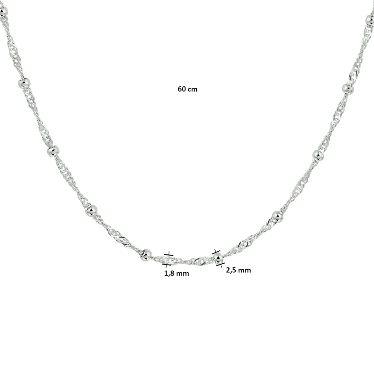 collier singapore en bolletjes 2,5 mm zilver gerhodineerd