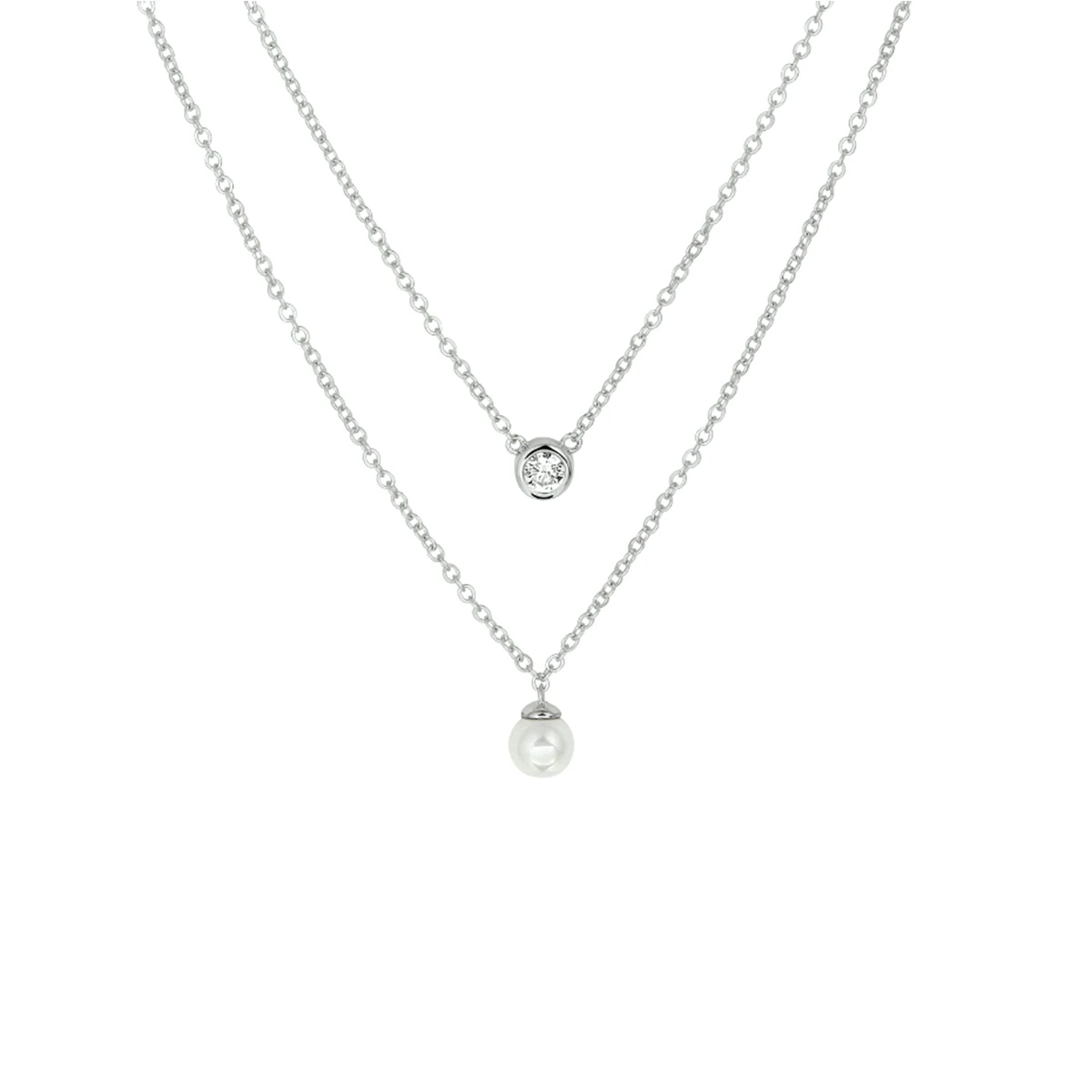 collier synth. parel en zirkonia 45 cm zilver gerhodineerd