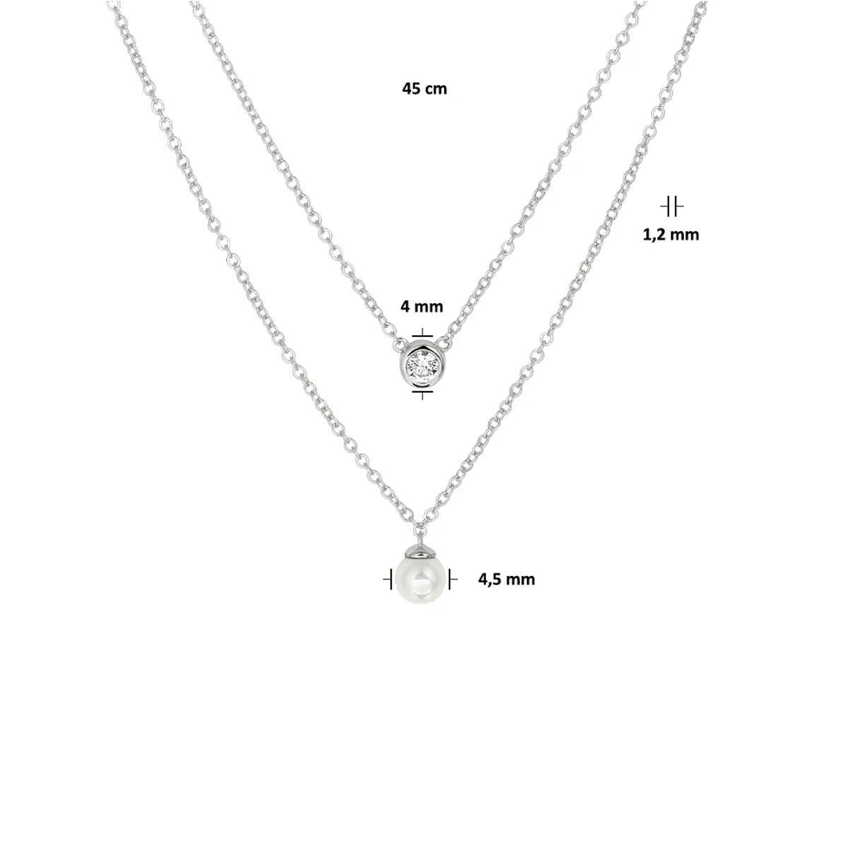 collier synth. parel en zirkonia 45 cm zilver gerhodineerd