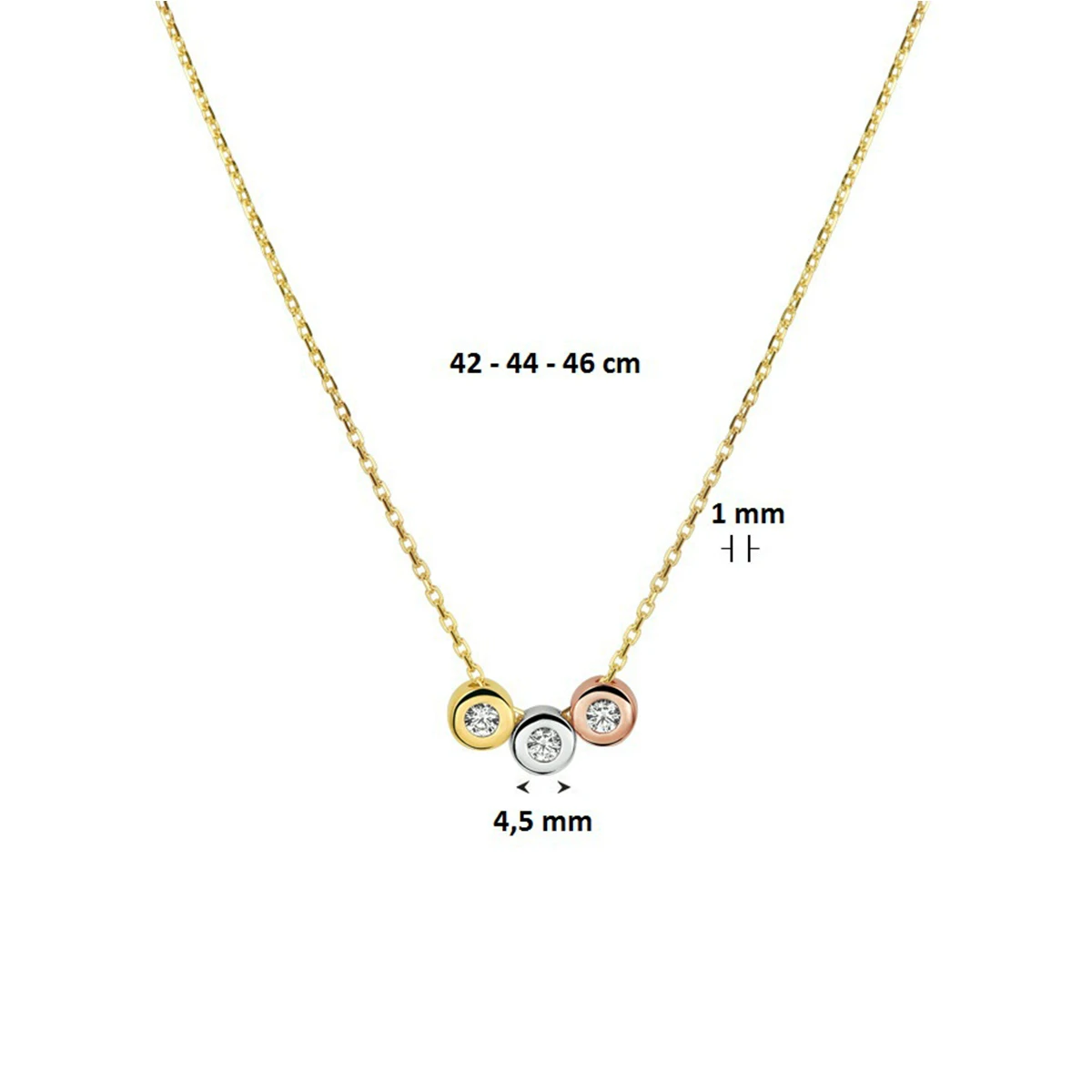 collier tricolor zirkonia 42 - 44 - 46 cm 14K tricolor goud