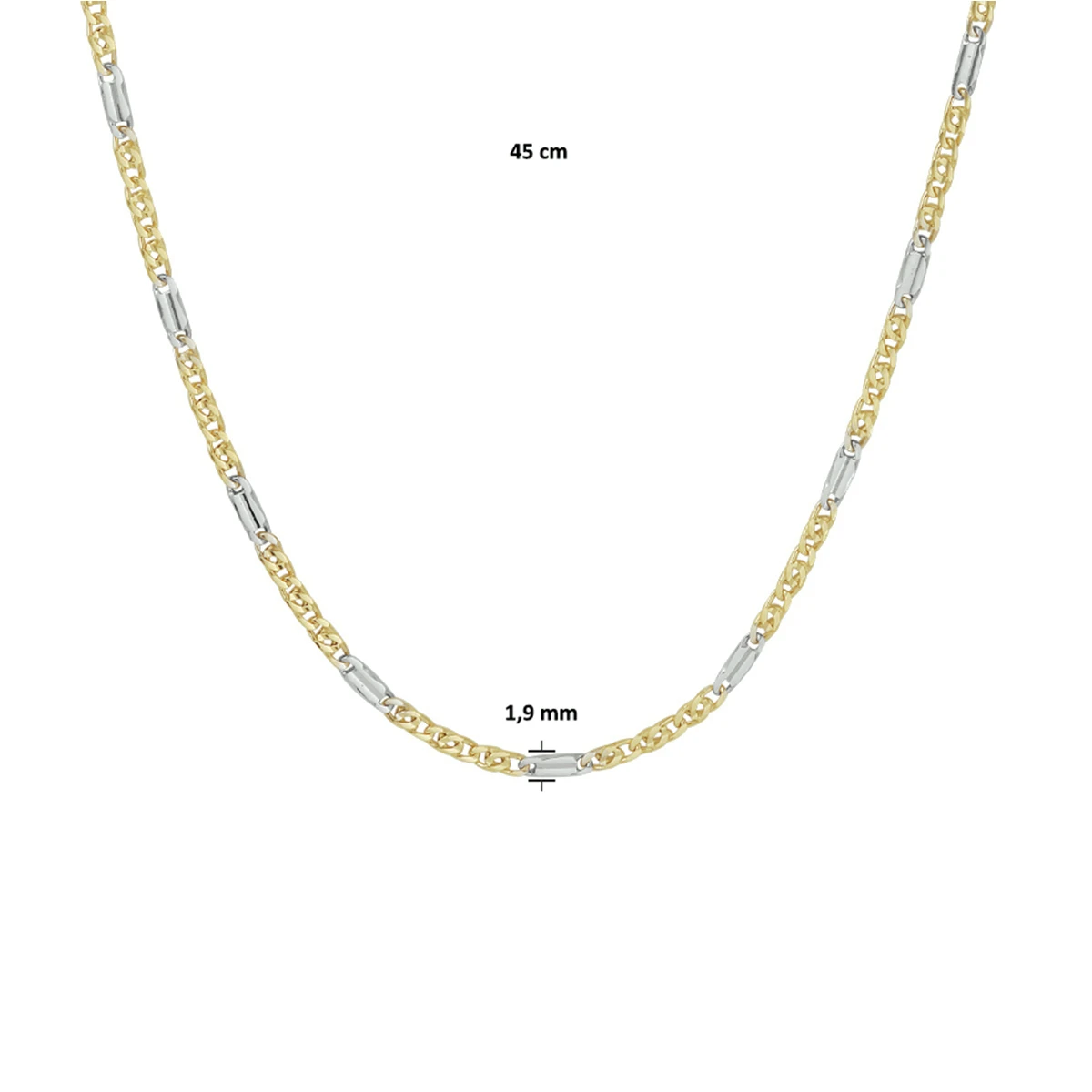 collier valkenoog met tussenstuk 1,9 mm 45 cm 14K bicolor goud geel/wit