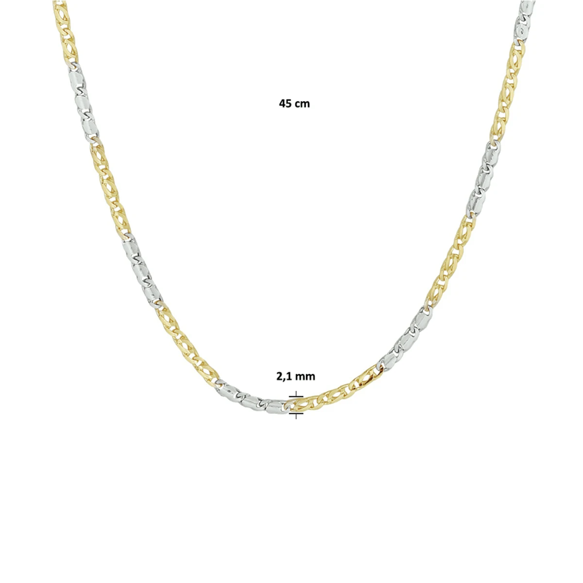 collier valkenoog met tussenstuk 2,1 mm 45 cm 14K bicolor goud geel/wit