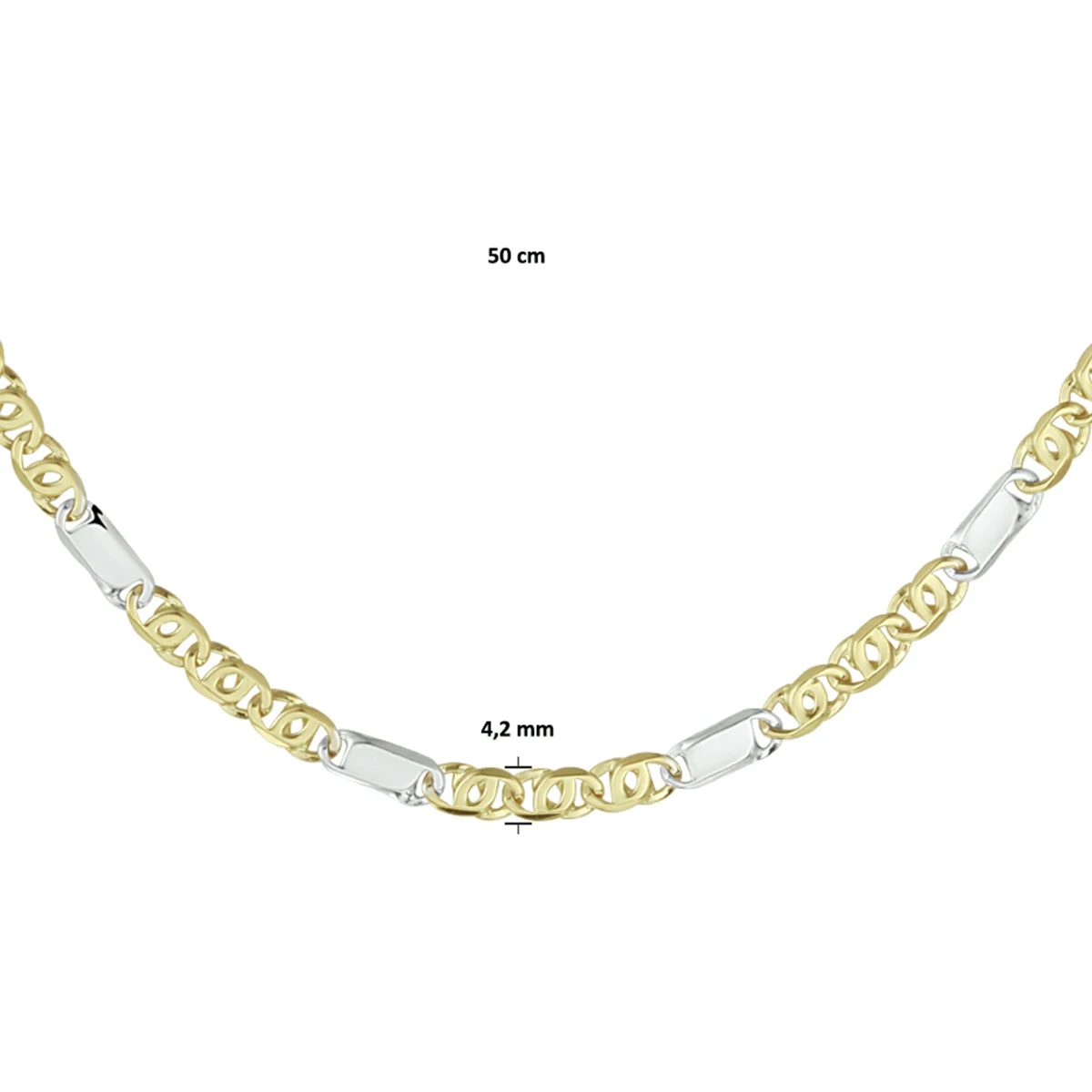 collier valkenoog met tussenstuk 3,7 mm 50 cm 14K bicolor goud geel/wit