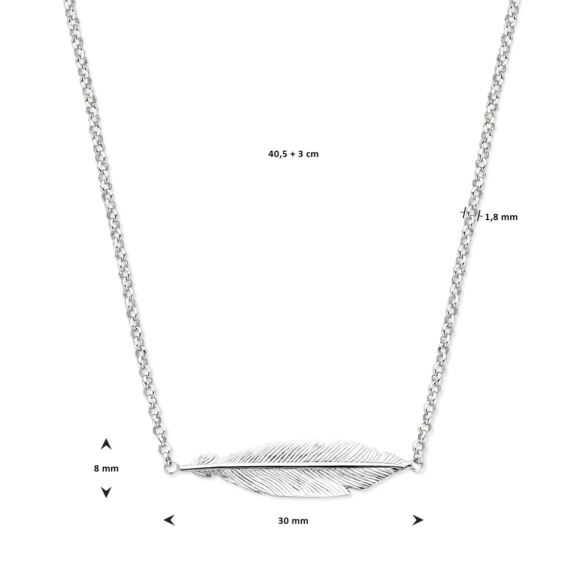 collier veer 40,5 + 3 cm zilver gerhodineerd