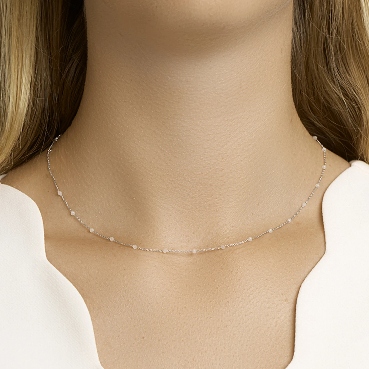 collier wit maansteen 40 - 42 - 44 cm zilver gerhodineerd