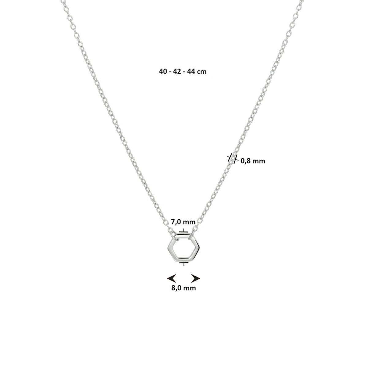 collier zeshoek 40 - 42 - 44 cm zilver gerhodineerd