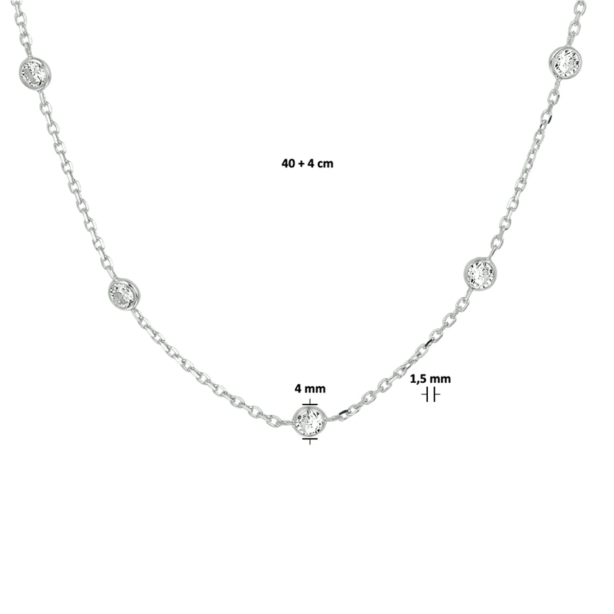 collier zirkonia 40 + 4 cm zilver gerhodineerd