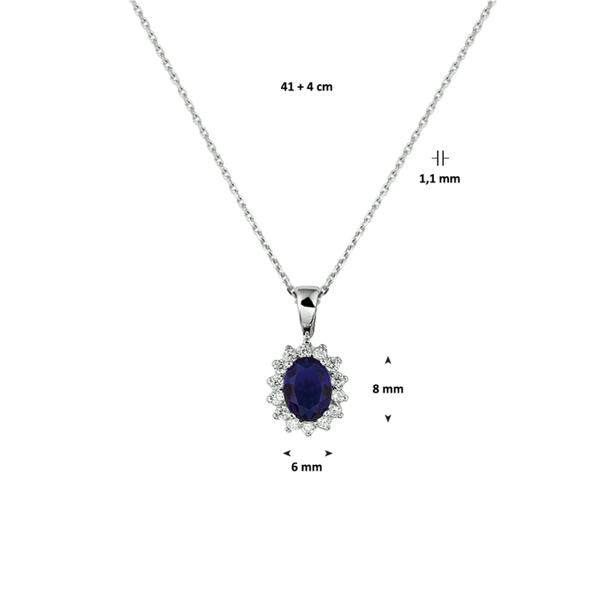 collier zirkonia en synth. saffier 41 + 4 cm zilver gerhodineerd