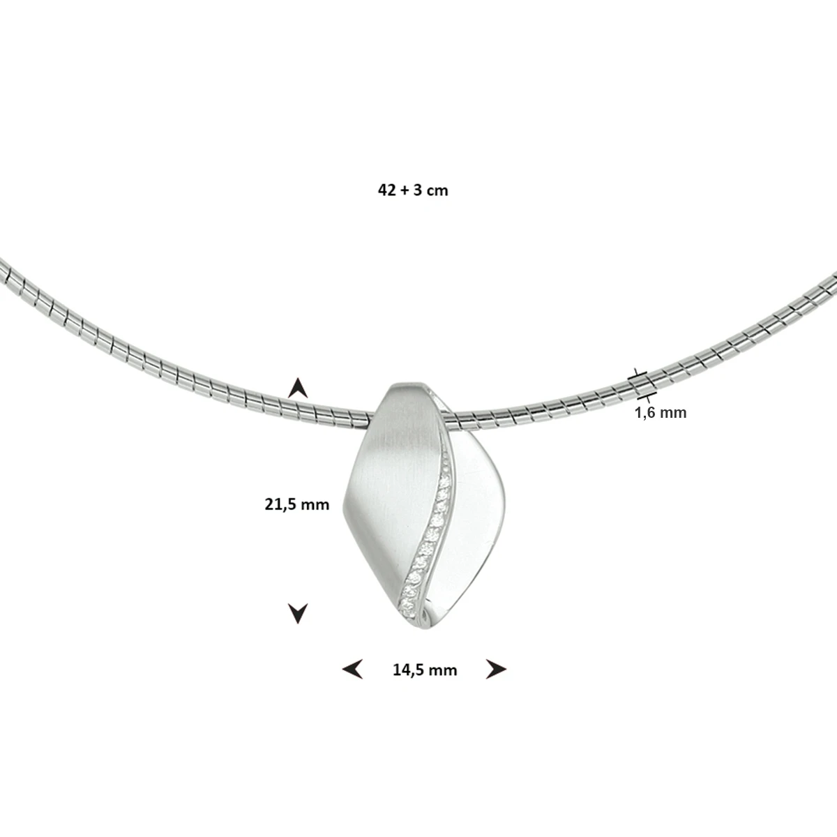 collier zirkonia poli/mat 42 + 3 cm zilver gerhodineerd