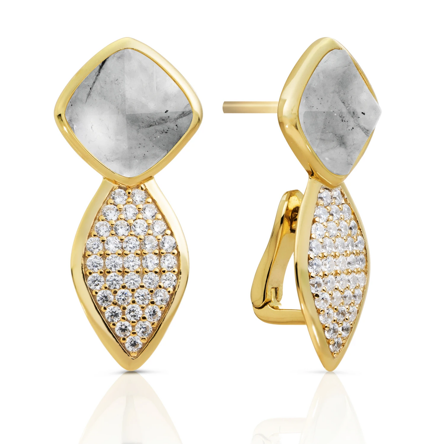 Earrings - Edge Crystal Gold - Double pin - Black Rutilated Quartz