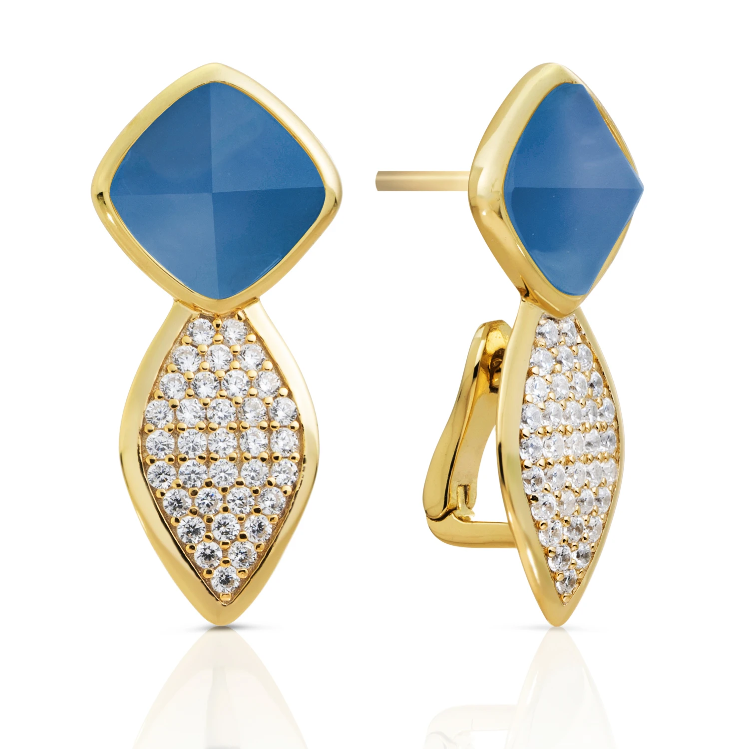 Earrings - Edge Crystal Gold - Double pin - Blue Agate