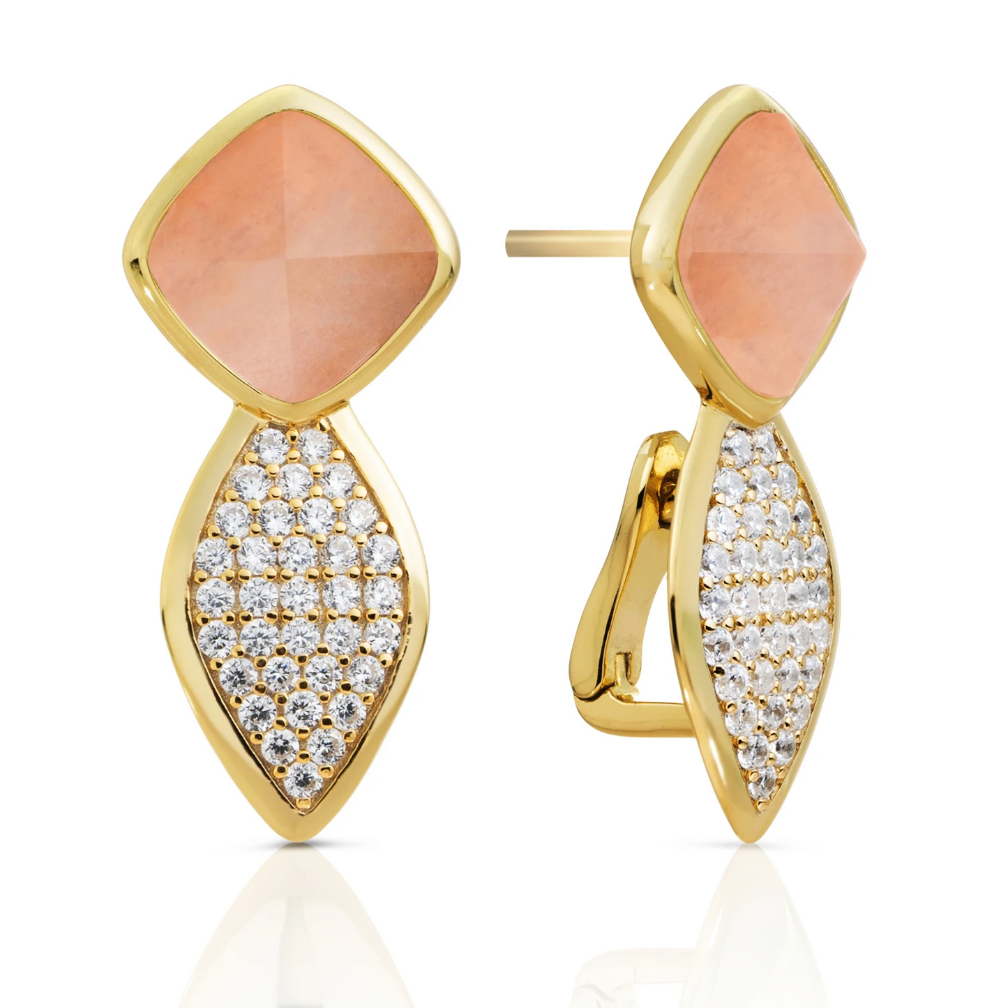 Earrings - Edge Crystal Gold - Double pin - Peach Rhodonite