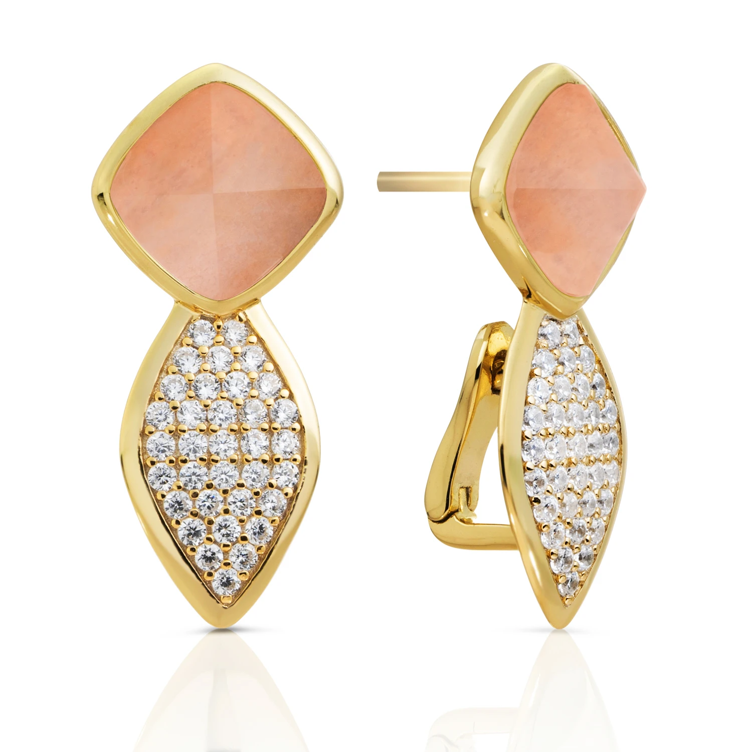 Earrings - Edge Crystal Gold - Double pin - Peach Rhodonite