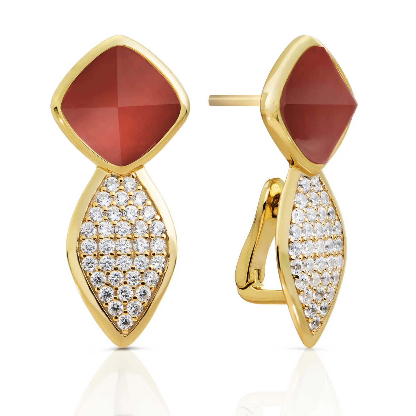 Earrings - Edge Crystal Gold - Double pin - Red Agate