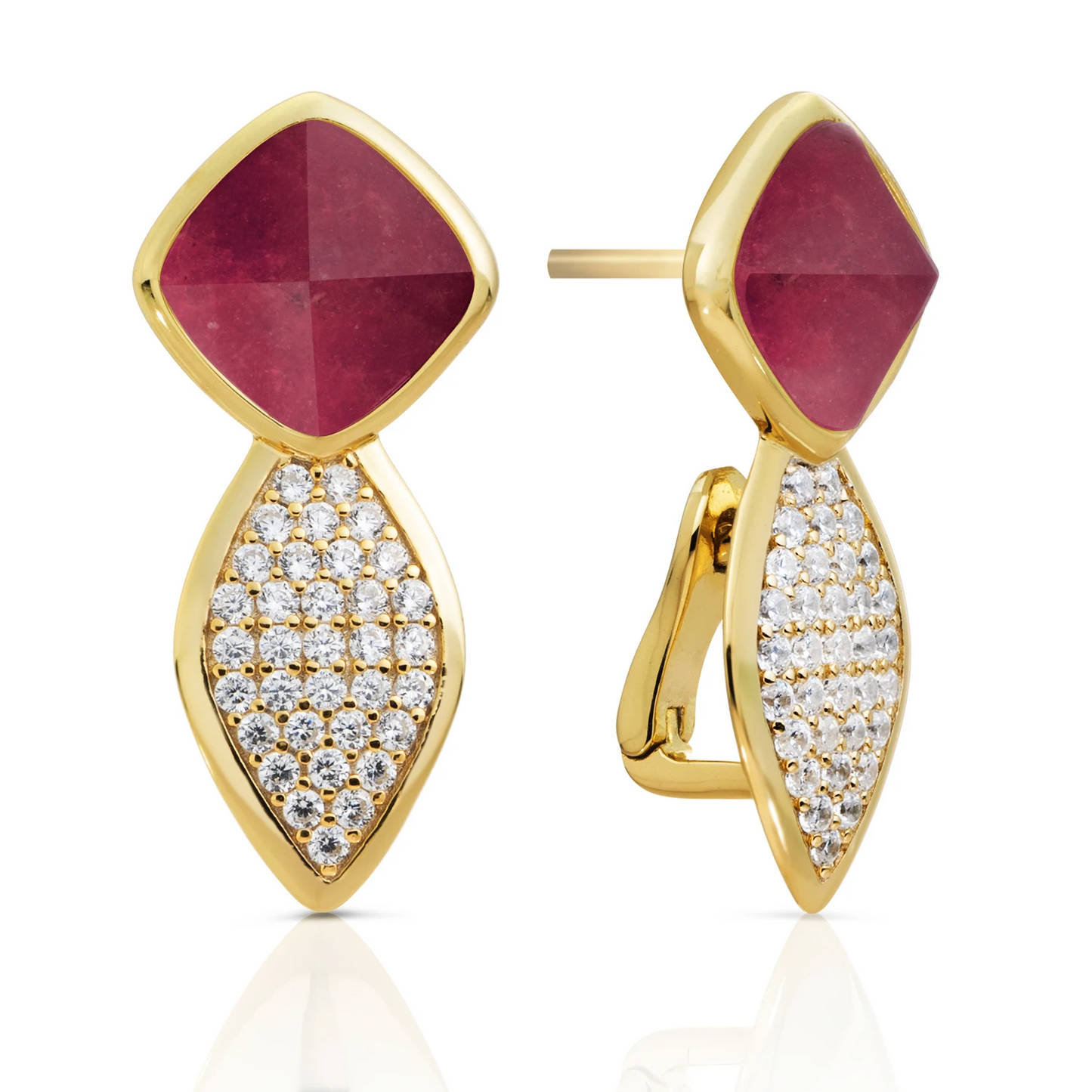 Earrings | Edge Crystal Gold - Double pin - Red Jade