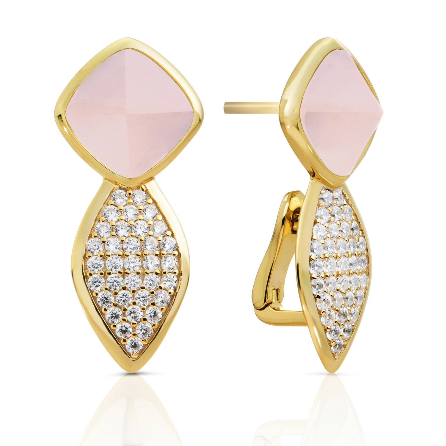 Earrings | Edge Crystal Gold - Double pin - Rose Quartz
