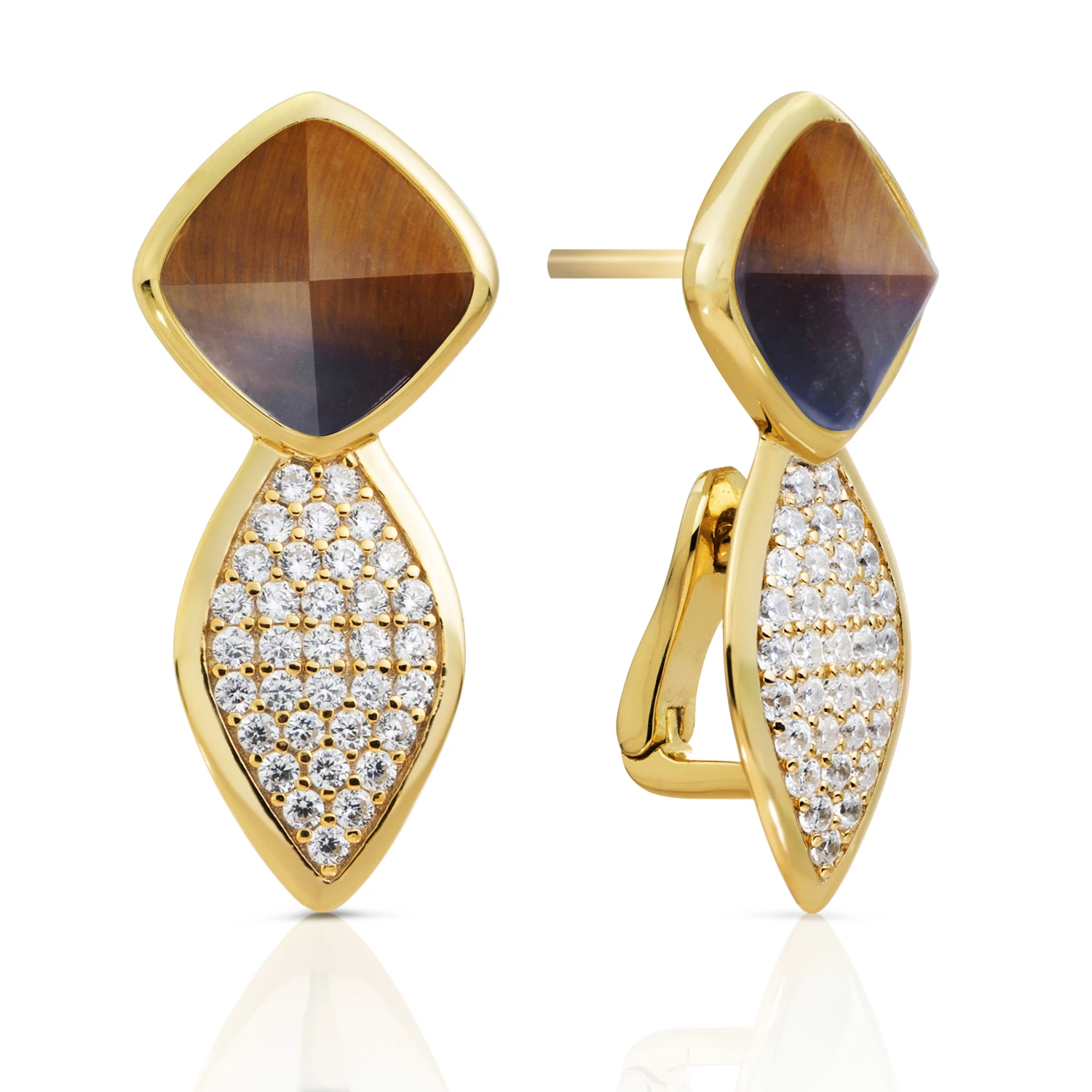 Earrings | Edge Crystal Gold - Double pin - Tiger Eye