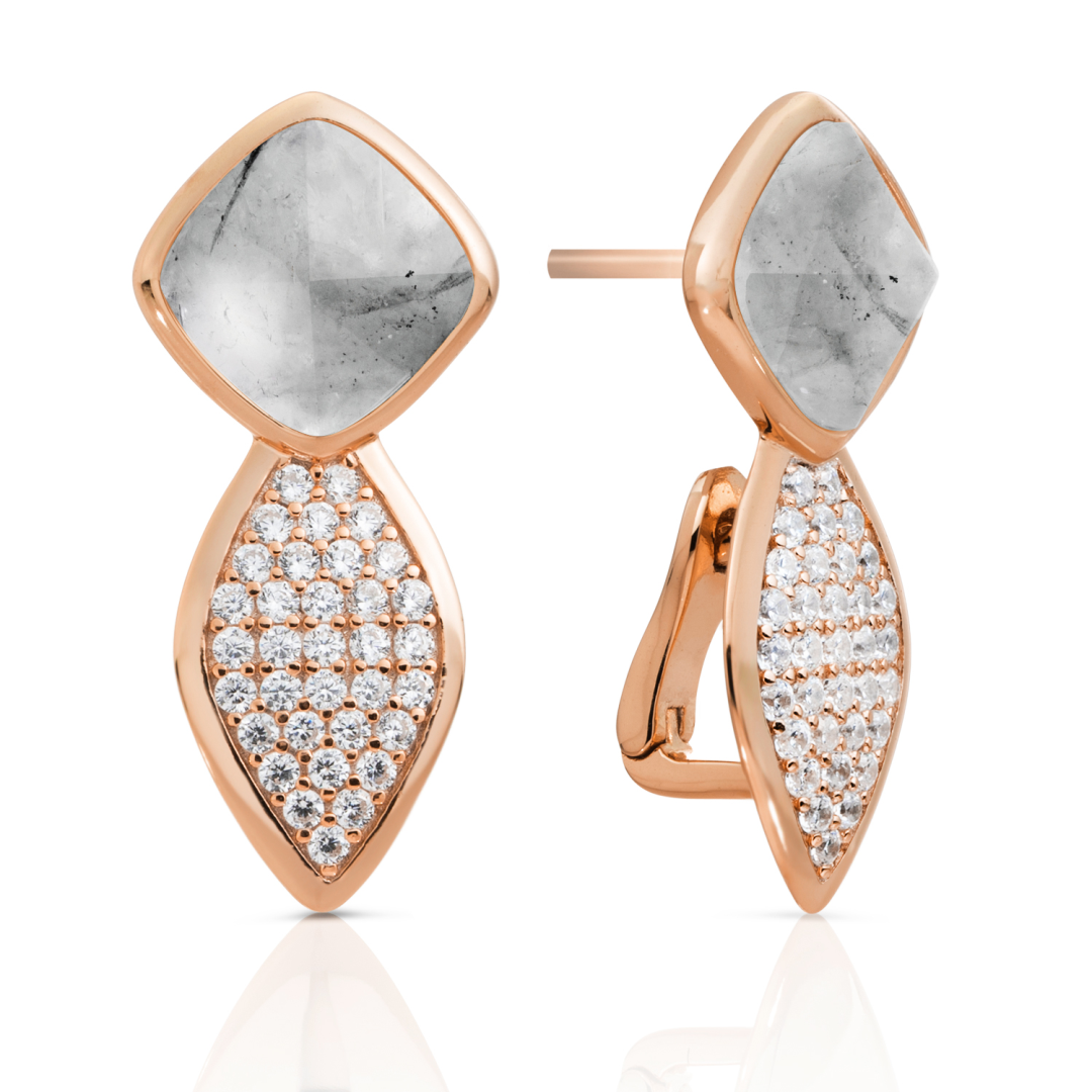 Earrings - Edge Crystal Rose Gold - Double pin - Black Rutilated Quartz