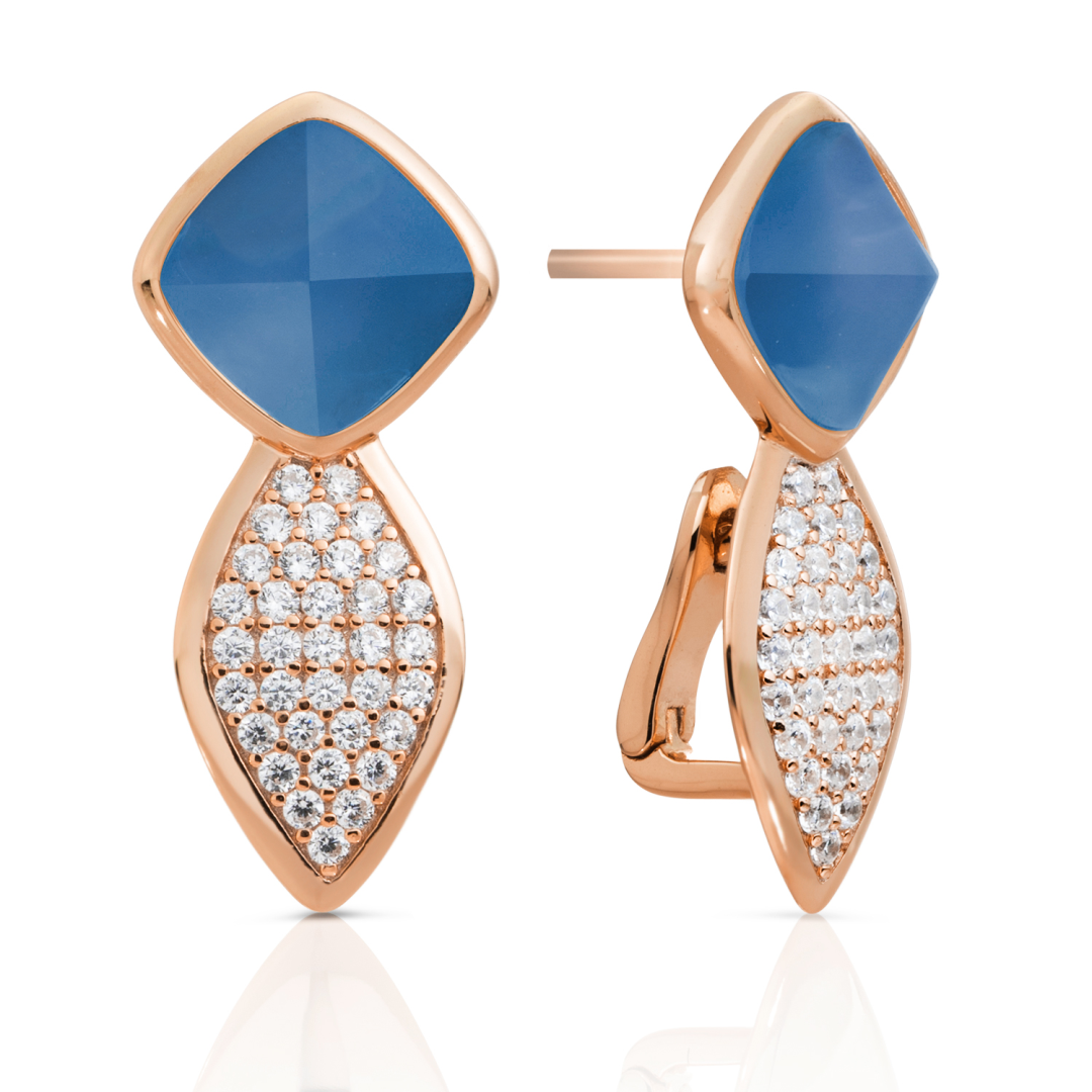 Earrings - Edge Crystal Rose Gold - Double pin - Blue Agate