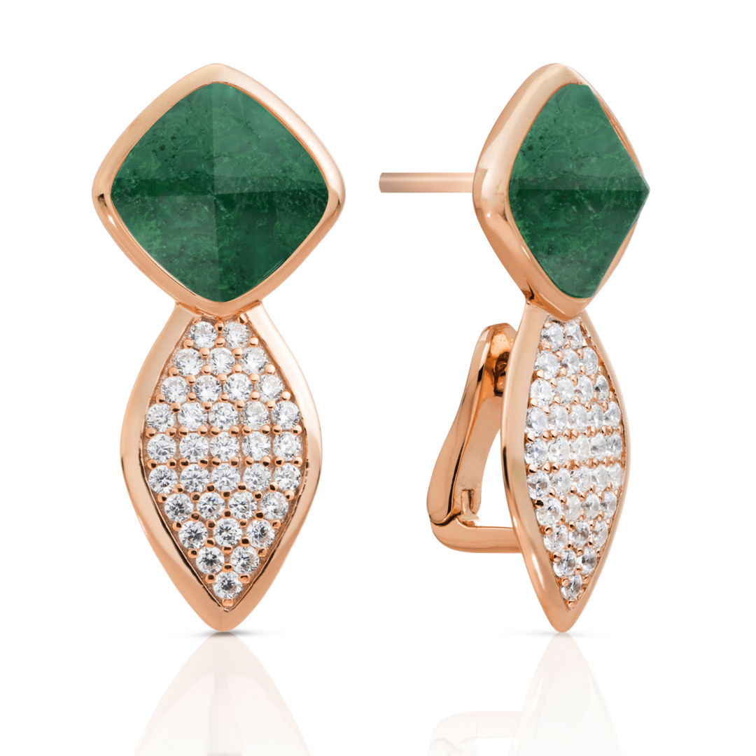 Earrings | Edge Crystal Rose Gold - Double pin - Moss Agate