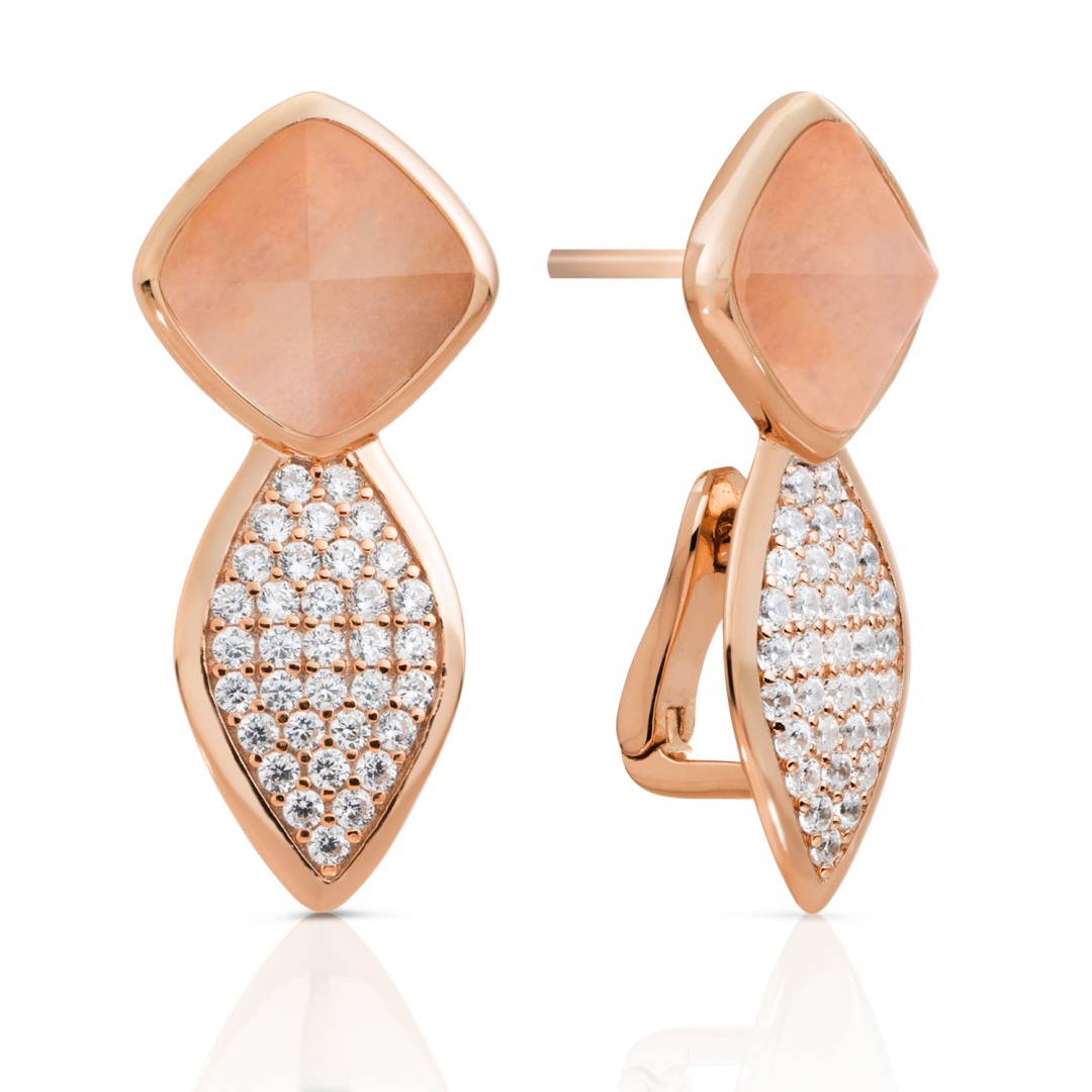 Earrings - Edge Crystal Rose Gold - Double pin - Peach Rhodonite